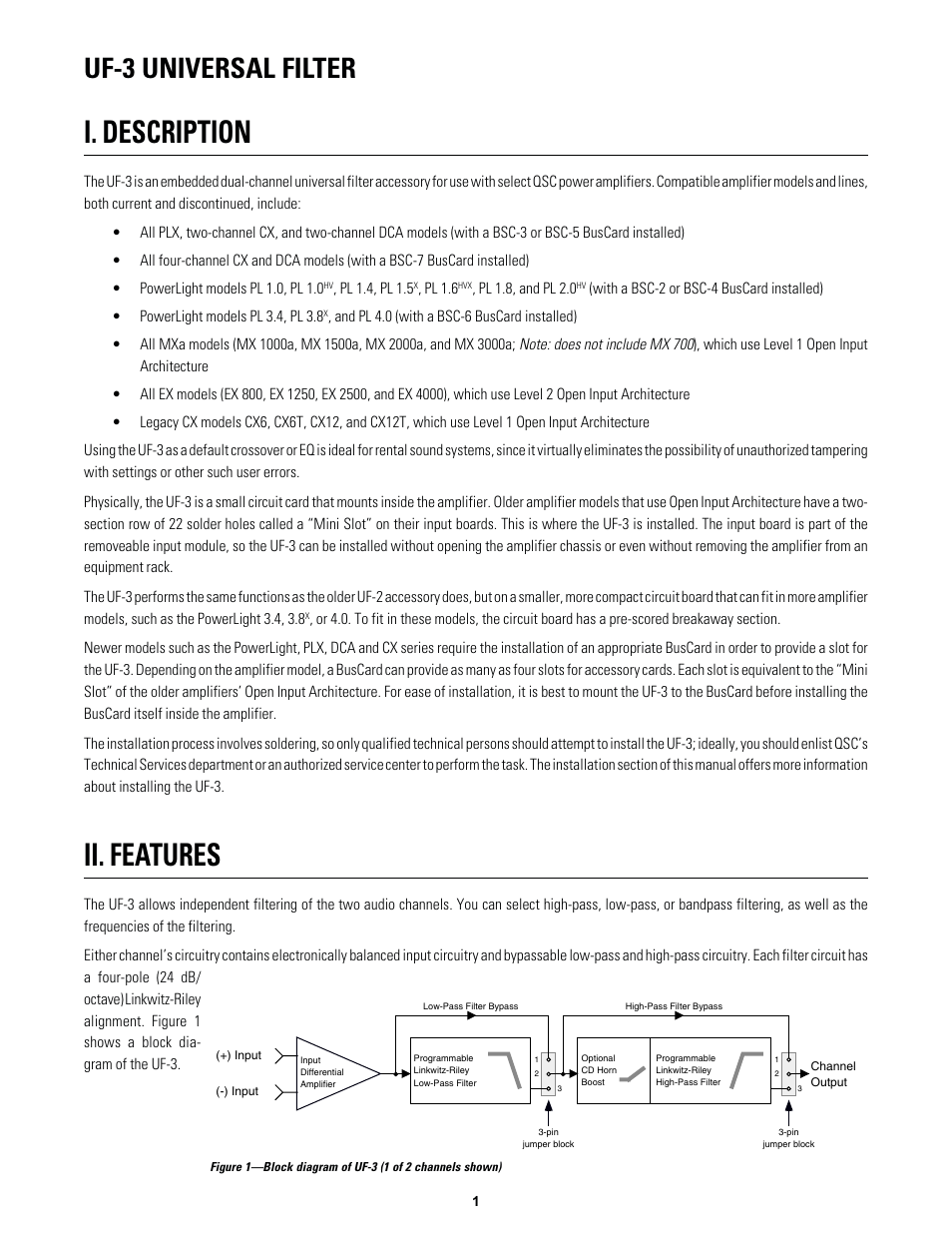 I. description, Ii. features, Uf-3 universal filter | QSC Audio UF-3 User Manual | Page 3 / 14