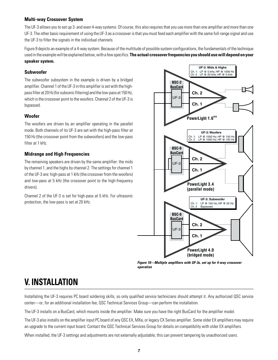 V. installation, Multi-way crossover system, Subwoofer | Woofer, Midrange and high frequencies | QSC Audio UF-3 User Manual | Page 9 / 14