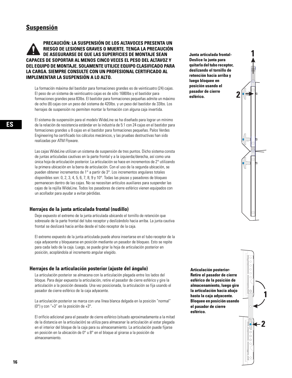 Suspensión, Herrajes de la junta articulada frontal (nudillo) | QSC Audio WL2102 User Manual | Page 16 / 56