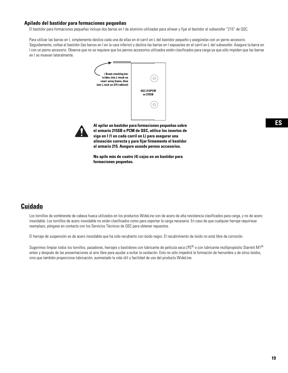 Apilado del bastidor para formaciones pequeñas, Cuidado | QSC Audio WL2102 User Manual | Page 19 / 56