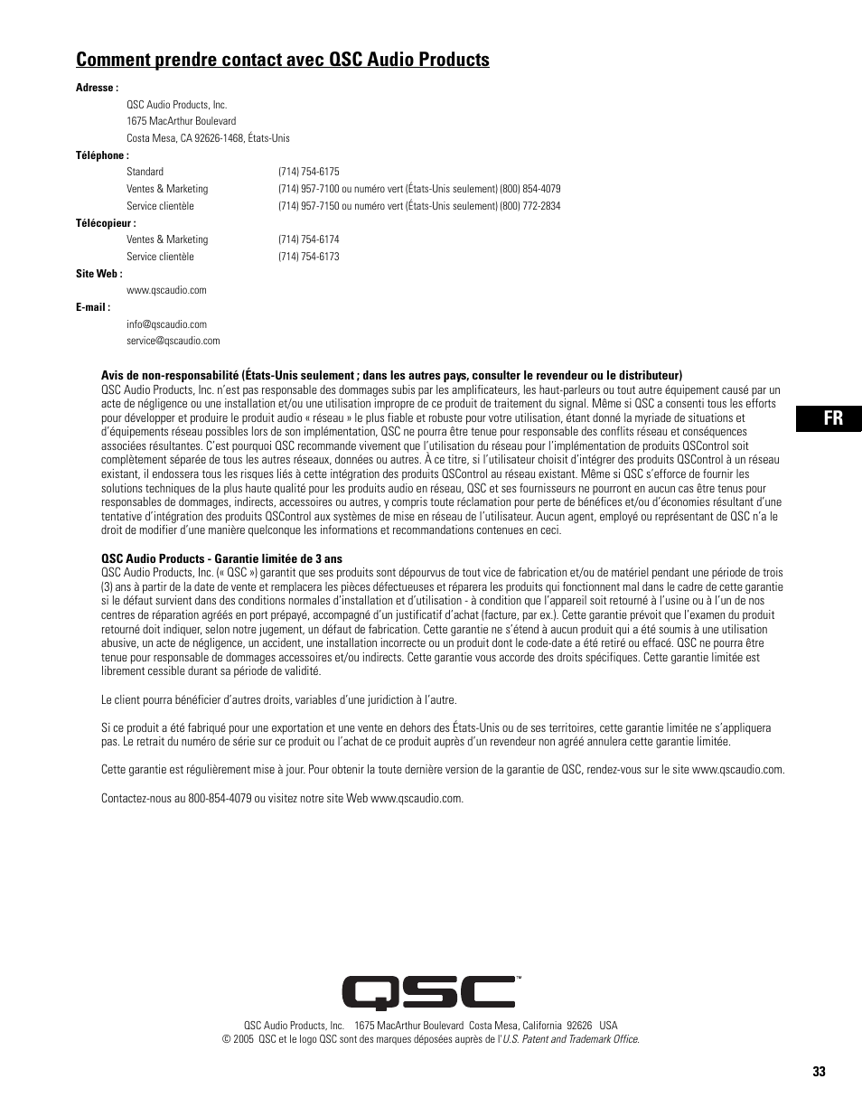 Comment prendre contact avec qsc audio products | QSC Audio WL2102 User Manual | Page 33 / 56