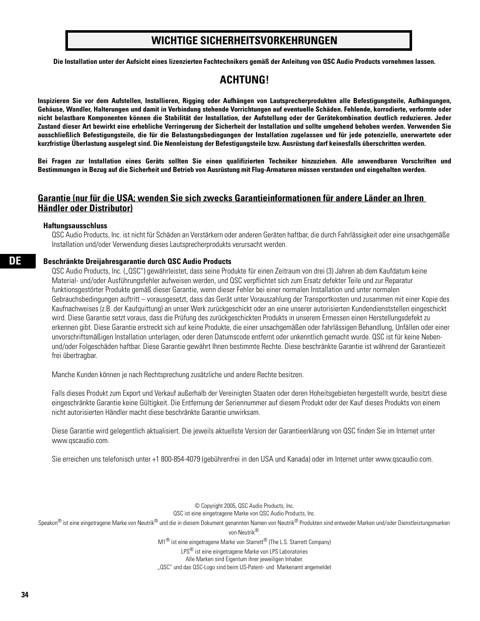 Haftungsausschluss, Wichtige sicherheitsvorkehrungen, Achtung | QSC Audio WL2102 User Manual | Page 34 / 56