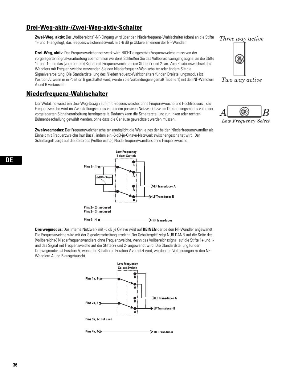 Drei-weg-aktiv-/zwei-weg-aktiv-schalter, Niederfrequenz-wahlschalter | QSC Audio WL2102 User Manual | Page 36 / 56