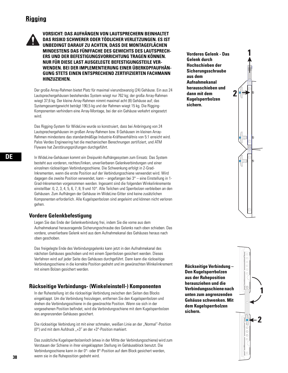 Rigging, Vordere gelenkbefestigung | QSC Audio WL2102 User Manual | Page 38 / 56