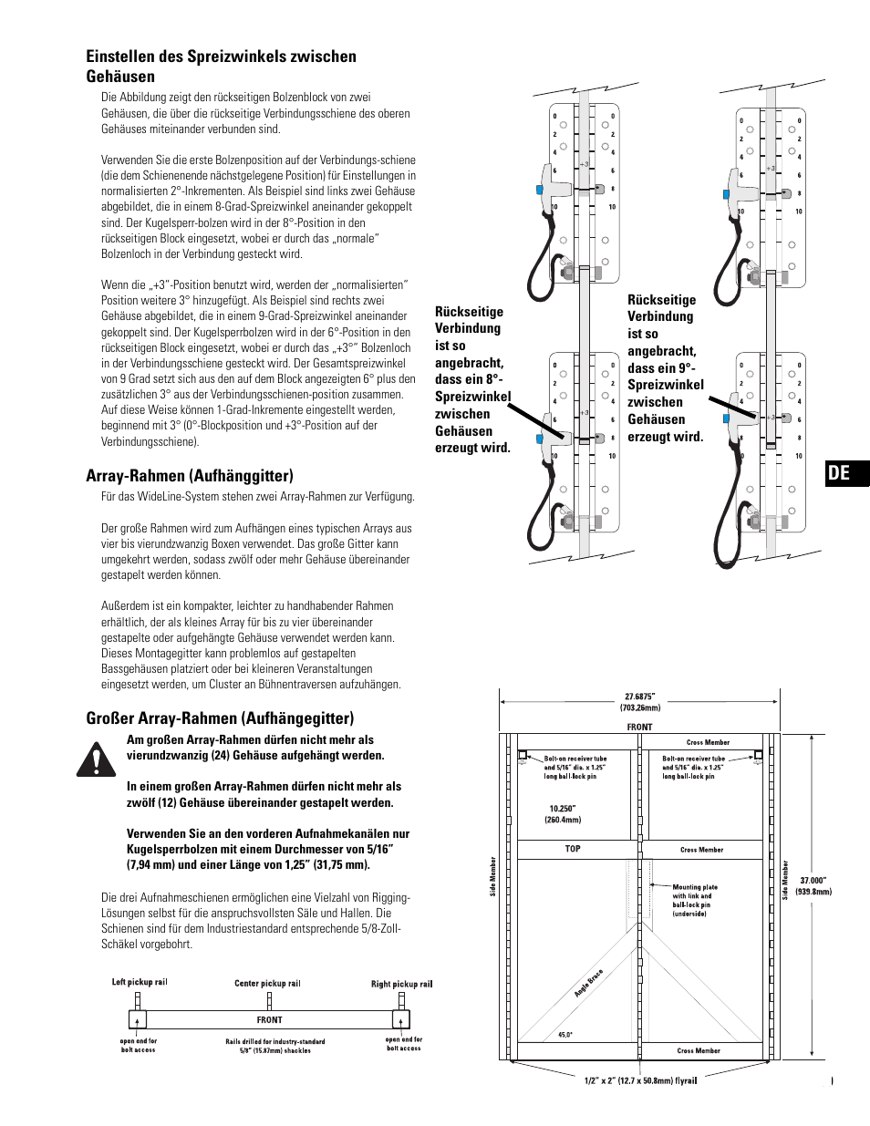 Einstellen des spreizwinkels zwischen gehäusen, Array-rahmen (aufhänggitter), Großer array-rahmen (aufhängegitter) | QSC Audio WL2102 User Manual | Page 39 / 56