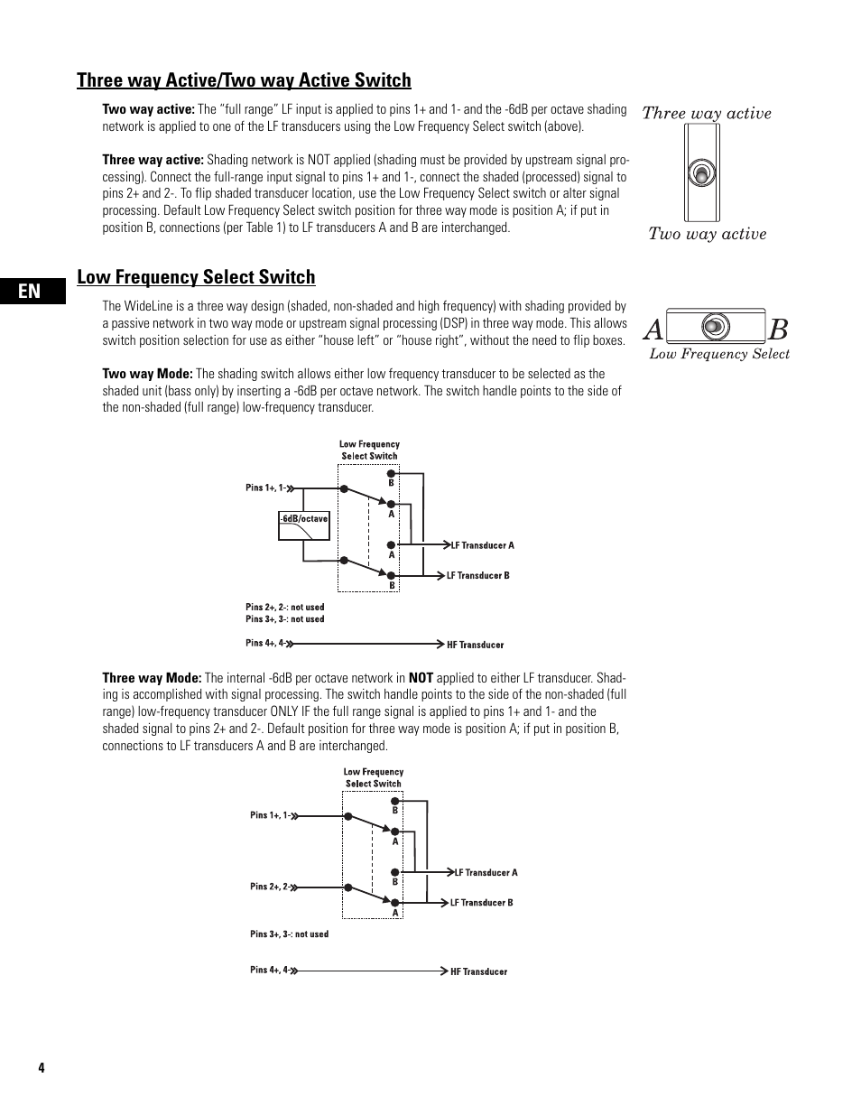 Three way active/two way active switch, Low frequency select switch | QSC Audio WL2102 User Manual | Page 4 / 56