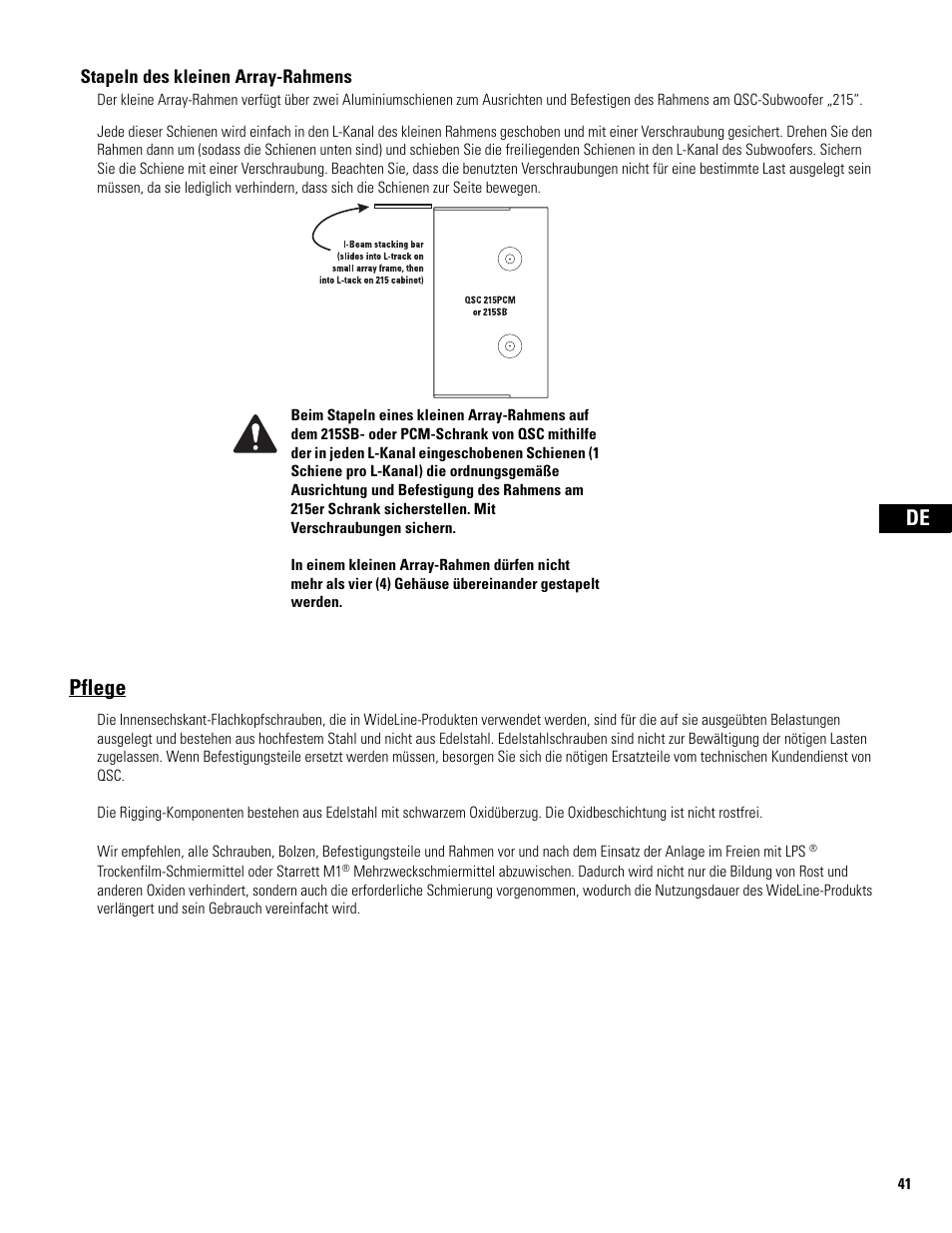 Stapeln des kleinen array-rahmens, Pflege | QSC Audio WL2102 User Manual | Page 41 / 56