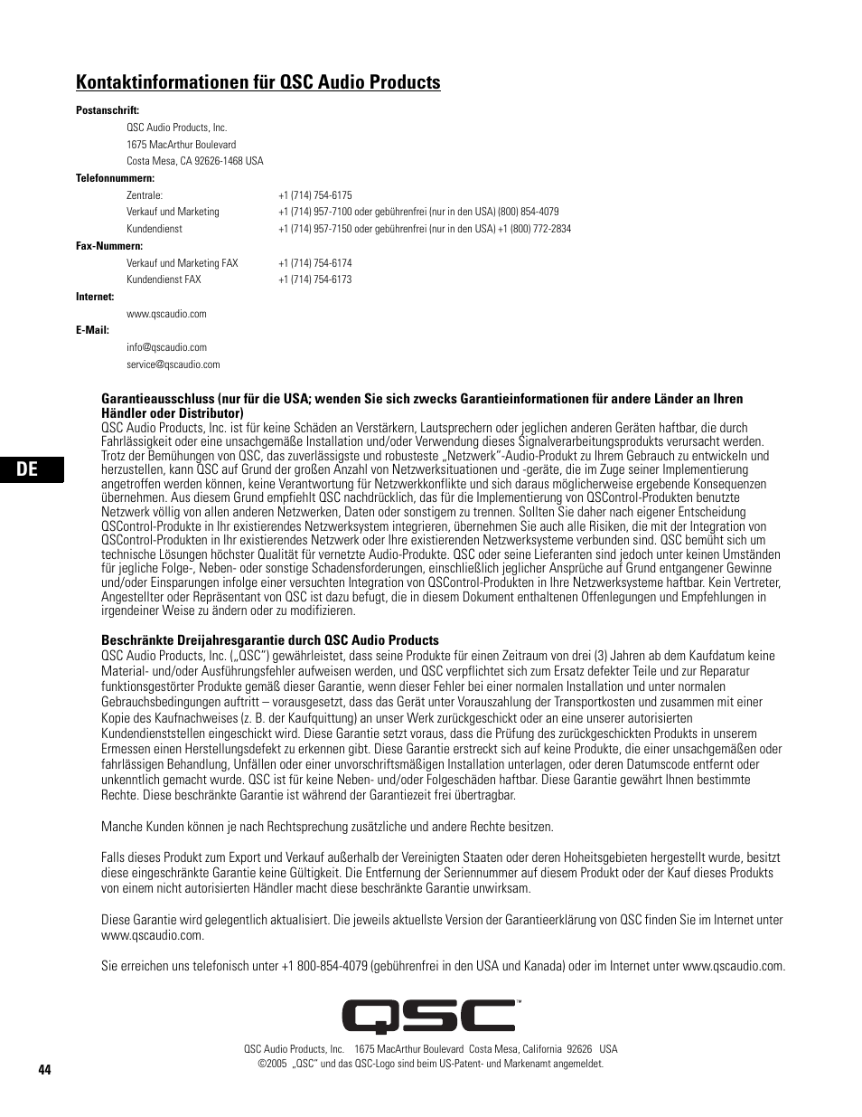 Kontaktinformationen für qsc audio products | QSC Audio WL2102 User Manual | Page 44 / 56