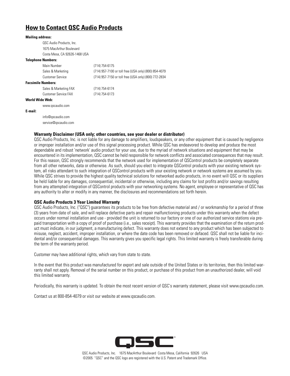 How to contact qsc audio products | QSC Audio WL2102 User Manual | Page 56 / 56