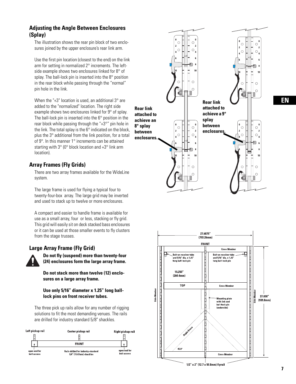 Adjusting the angle between enclosures (splay), Array frames (fly grids), Large array frame (fly grid) | QSC Audio WL2102 User Manual | Page 7 / 56
