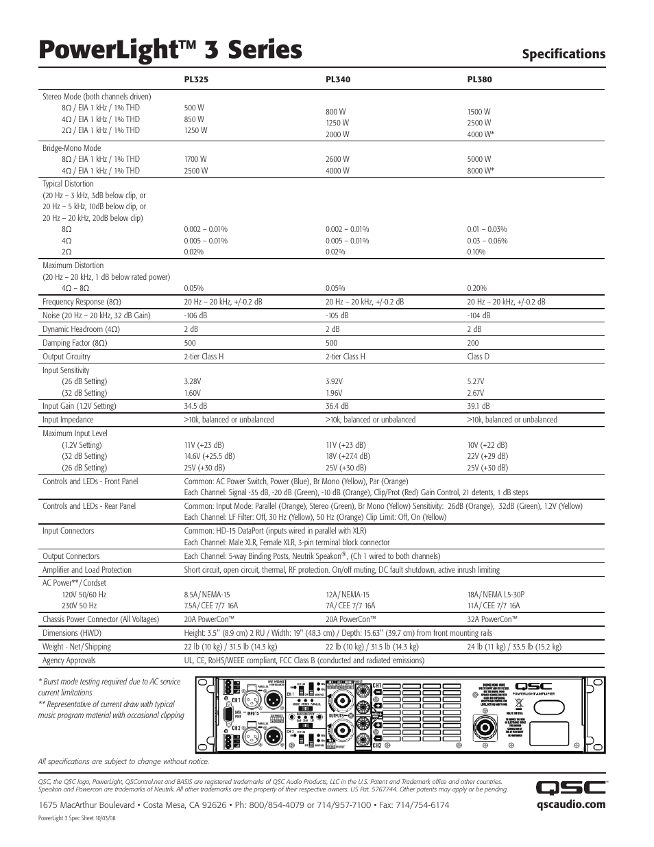 Powerlight™ 3 series, Specifications | QSC Audio PL380 User Manual | Page 2 / 2