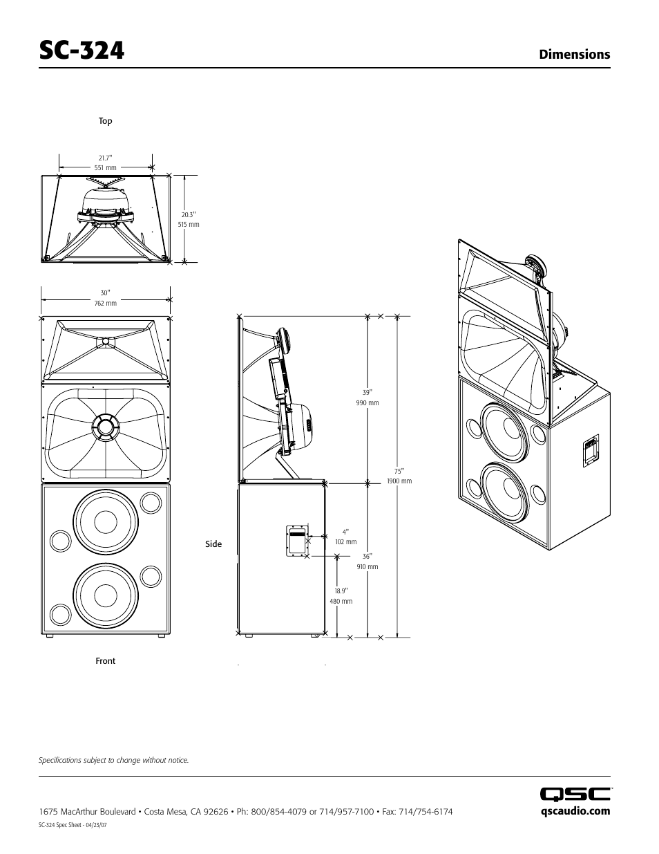 Sc-324, Dimensions | QSC Audio SC-324 User Manual | Page 2 / 2