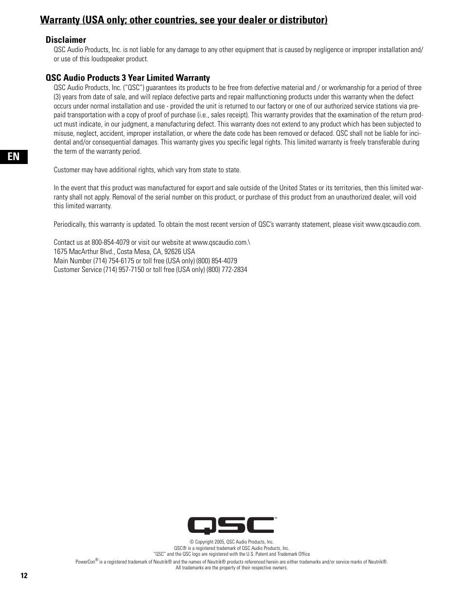 Disclaimer, Qsc audio products 3 year limited warranty | QSC Audio MD-LP118 User Manual | Page 12 / 56