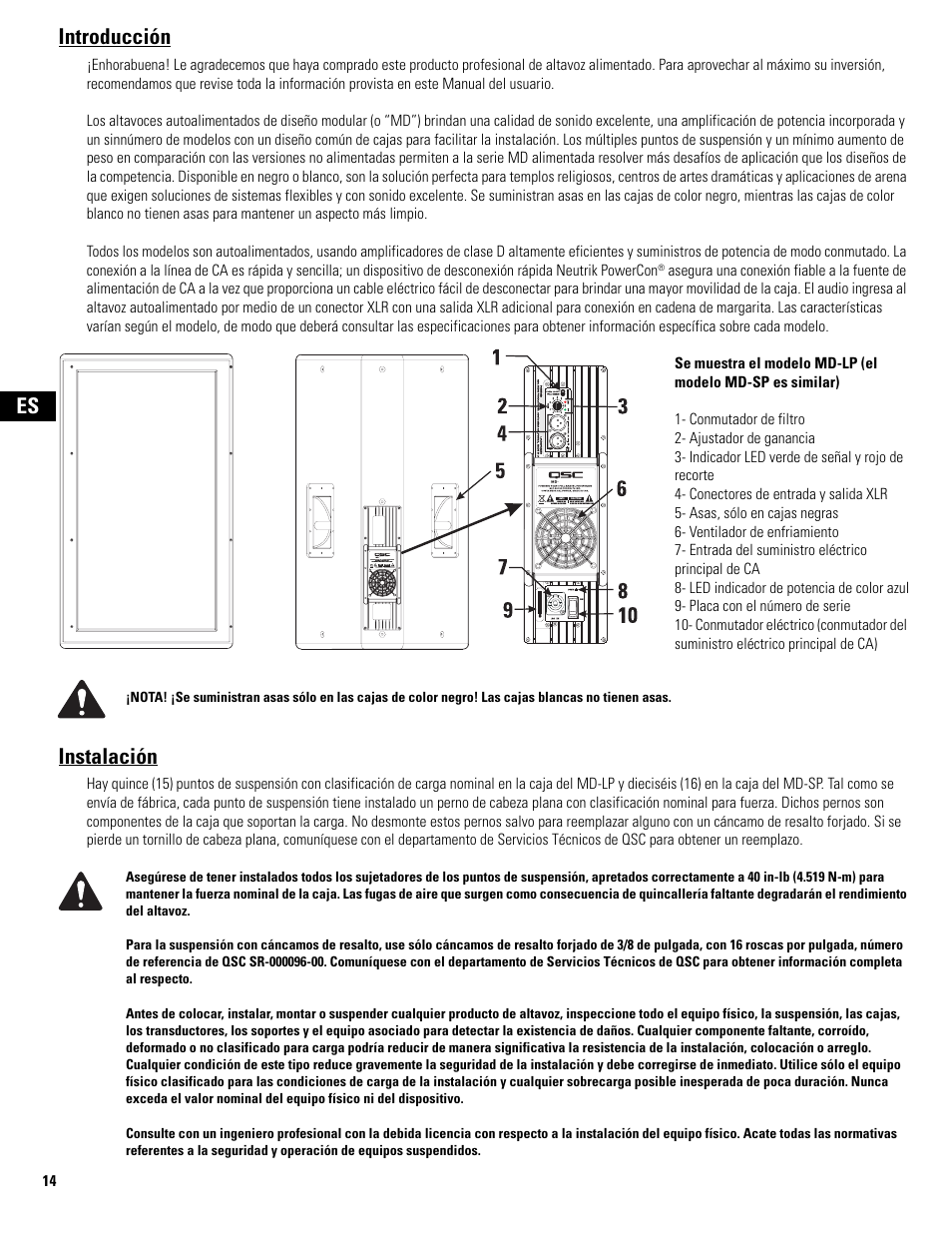 Introducción, Instalación, Es introducción | QSC Audio MD-LP118 User Manual | Page 14 / 56