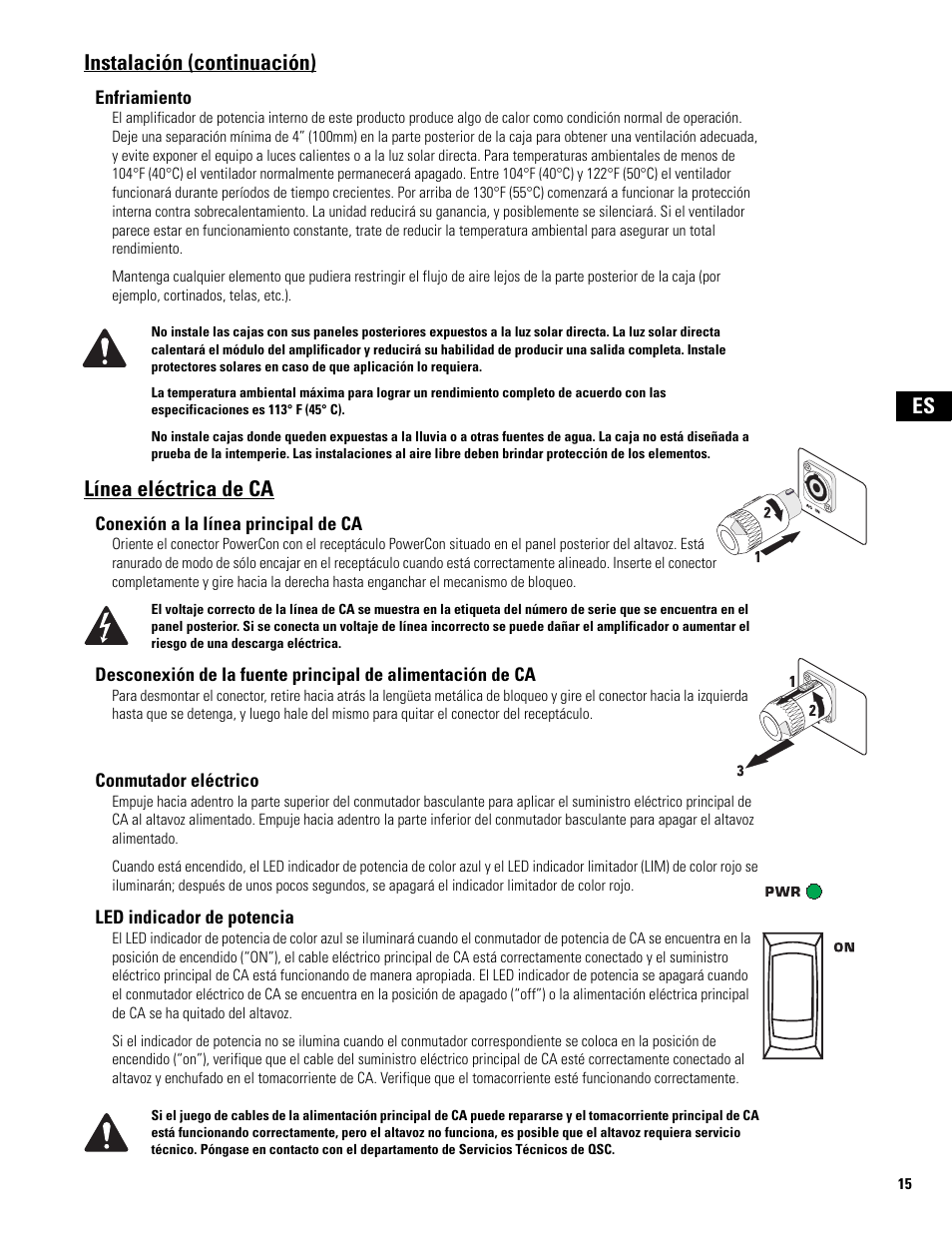 Línea eléctrica de ca, Es instalación (continuación) | QSC Audio MD-LP118 User Manual | Page 15 / 56