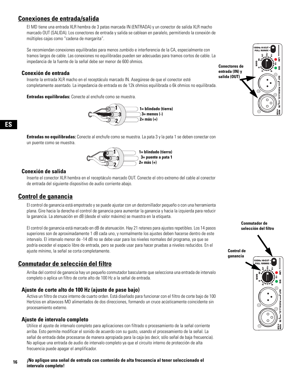 Conexiones de entrada/salida, Control de ganancia, Conmutador de selección del filtro | QSC Audio MD-LP118 User Manual | Page 16 / 56