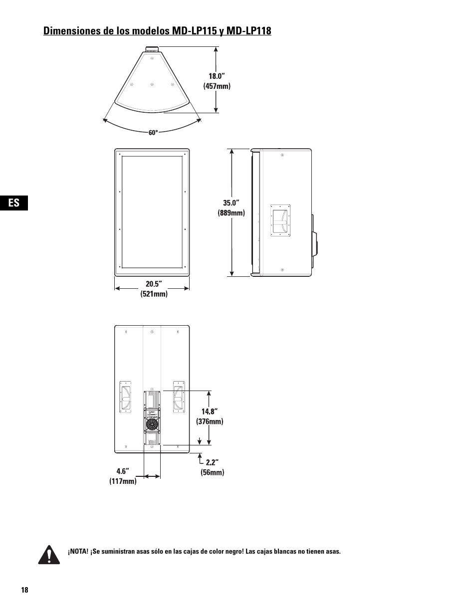 Dimensiones de los modelos md-lp115 y md-lp118 | QSC Audio MD-LP118 User Manual | Page 18 / 56