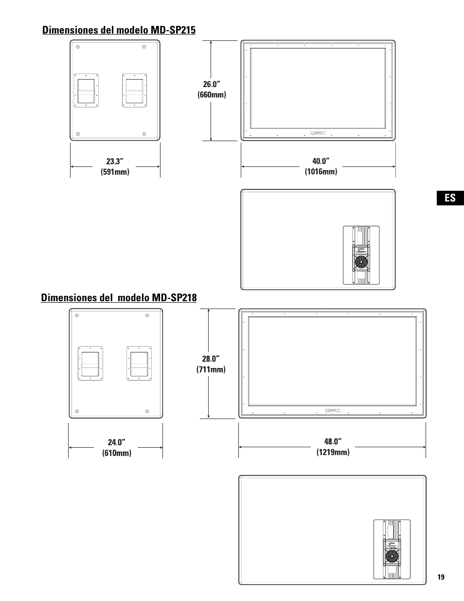 Dimensiones del modelo md-sp215, Dimensiones del modelo md-sp218 | QSC Audio MD-LP118 User Manual | Page 19 / 56