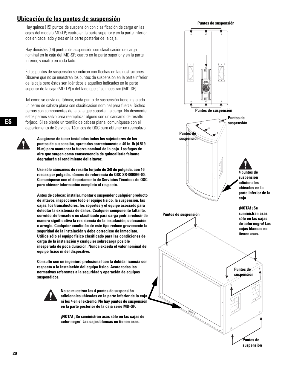 Ubicación de los puntos de suspensión, Es ubicación de los puntos de suspensión | QSC Audio MD-LP118 User Manual | Page 20 / 56