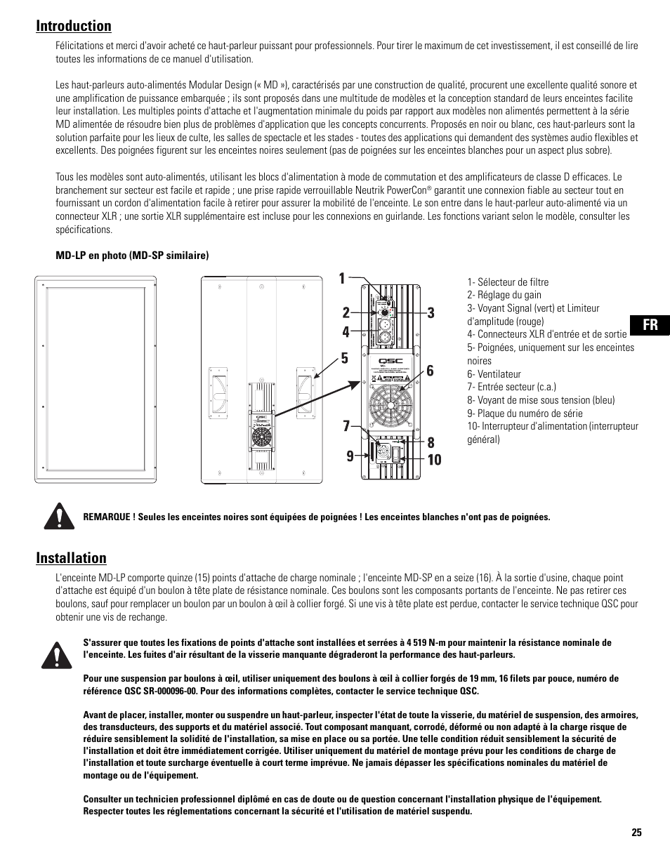 Introduction, Installation, Fr introduction | QSC Audio MD-LP118 User Manual | Page 25 / 56