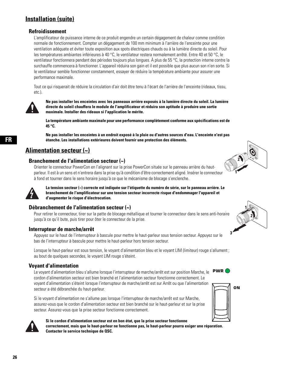 Alimentation secteur (~), Fr installation (suite) | QSC Audio MD-LP118 User Manual | Page 26 / 56