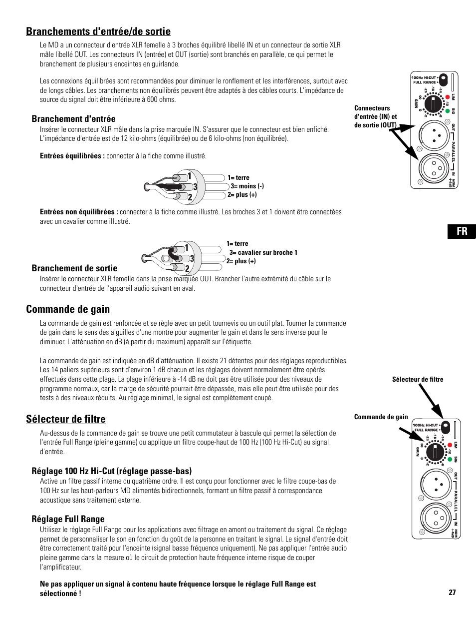 Branchements d'entrée/de sortie, Commande de gain, Sélecteur de filtre | Fr branchements d'entrée/de sortie | QSC Audio MD-LP118 User Manual | Page 27 / 56