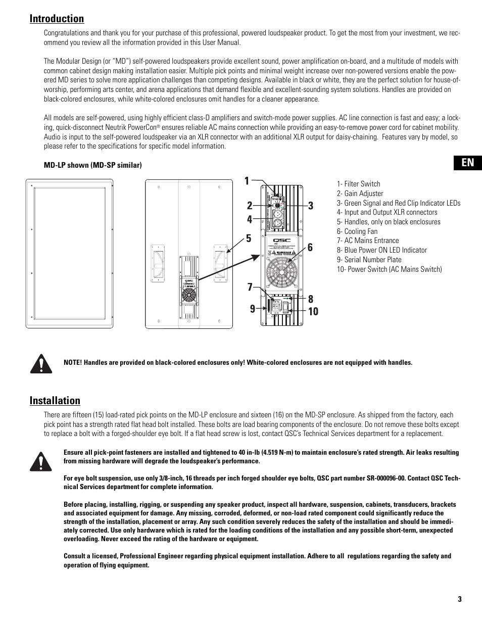 Introduction, Installation, En introduction | QSC Audio MD-LP118 User Manual | Page 3 / 56