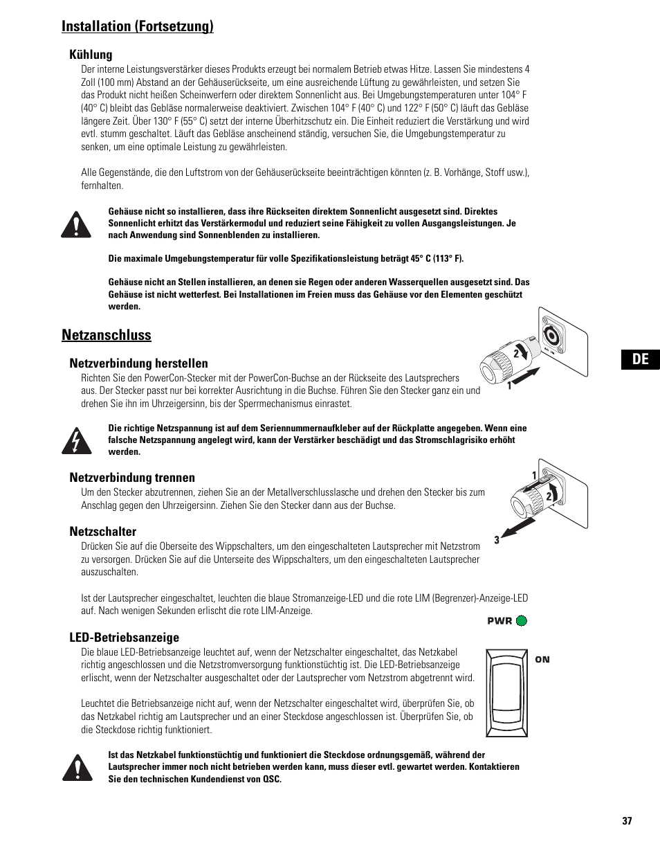 Netzanschluss, De installation (fortsetzung) | QSC Audio MD-LP118 User Manual | Page 37 / 56