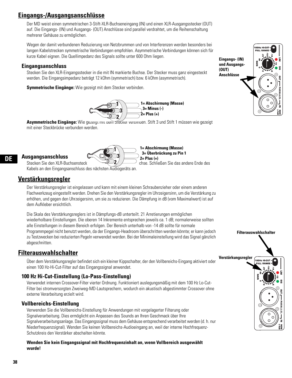 Eingangs-/ausgangsanschlüsse, Verstärkungsregler, Filterauswahlschalter | De eingangs-/ausgangsanschlüsse | QSC Audio MD-LP118 User Manual | Page 38 / 56