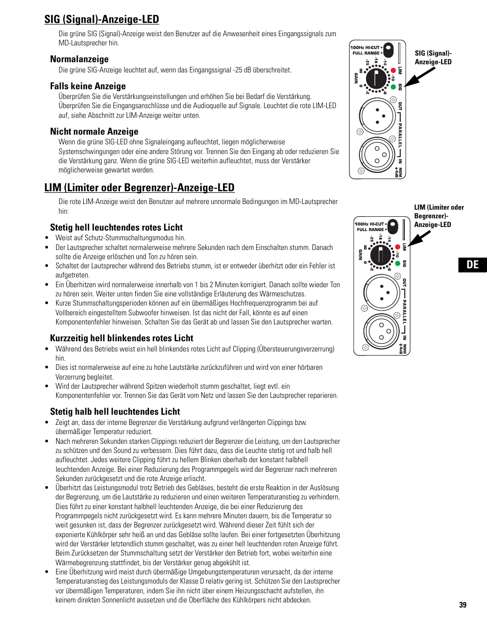 Sig (signal)-anzeige-led, Lim (limiter oder begrenzer)-anzeige-led, De sig (signal)-anzeige-led | QSC Audio MD-LP118 User Manual | Page 39 / 56