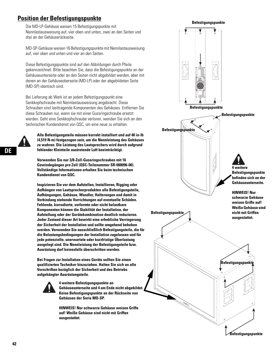 Position der befestigungspunkte, De position der befestigungspunkte | QSC Audio MD-LP118 User Manual | Page 42 / 56