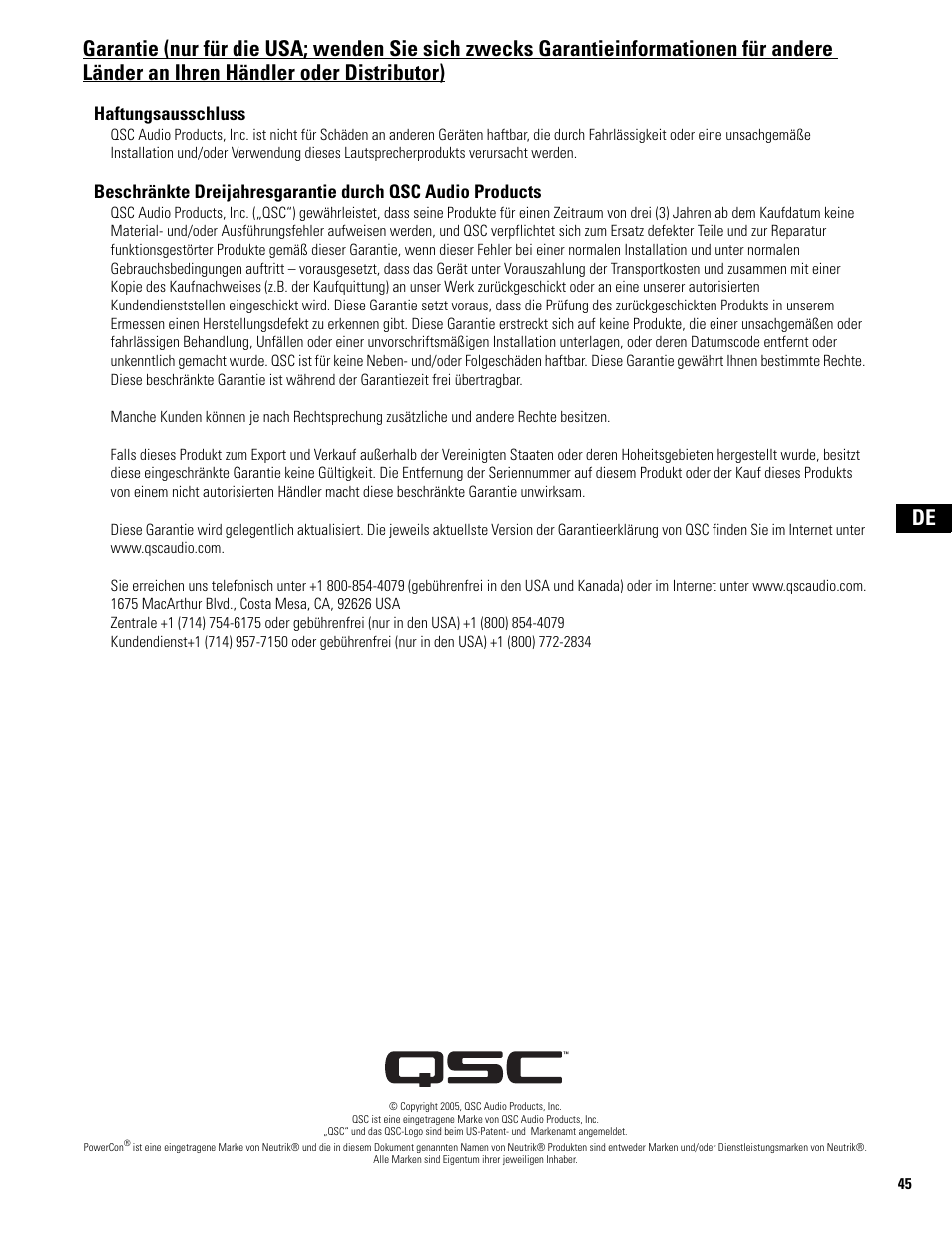 Haftungsausschluss | QSC Audio MD-LP118 User Manual | Page 45 / 56