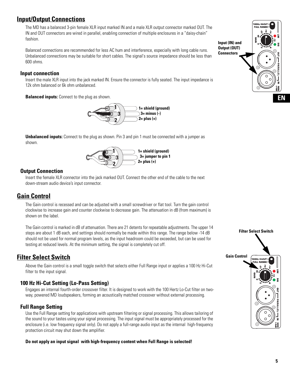 Input/output connections, Gain control, Filter select switch | QSC Audio MD-LP118 User Manual | Page 5 / 56