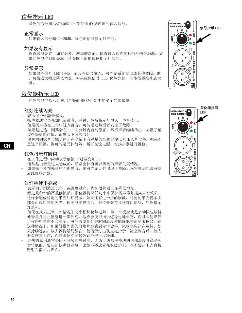 信号指示led, 限位器指示led, Ch 信号指示 led | 限位器指示 led | QSC Audio MD-LP118 User Manual | Page 50 / 56