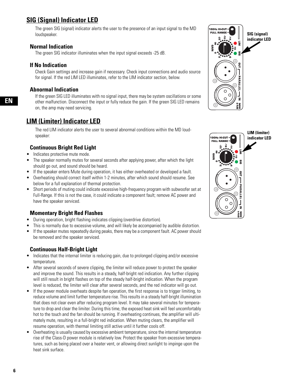 Sig (signal) indicator led, Lim (limiter) indicator led, En sig (signal) indicator led | QSC Audio MD-LP118 User Manual | Page 6 / 56