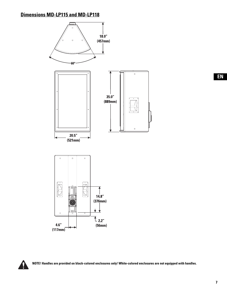 Dimensions md-lp115 and md-lp118 | QSC Audio MD-LP118 User Manual | Page 7 / 56