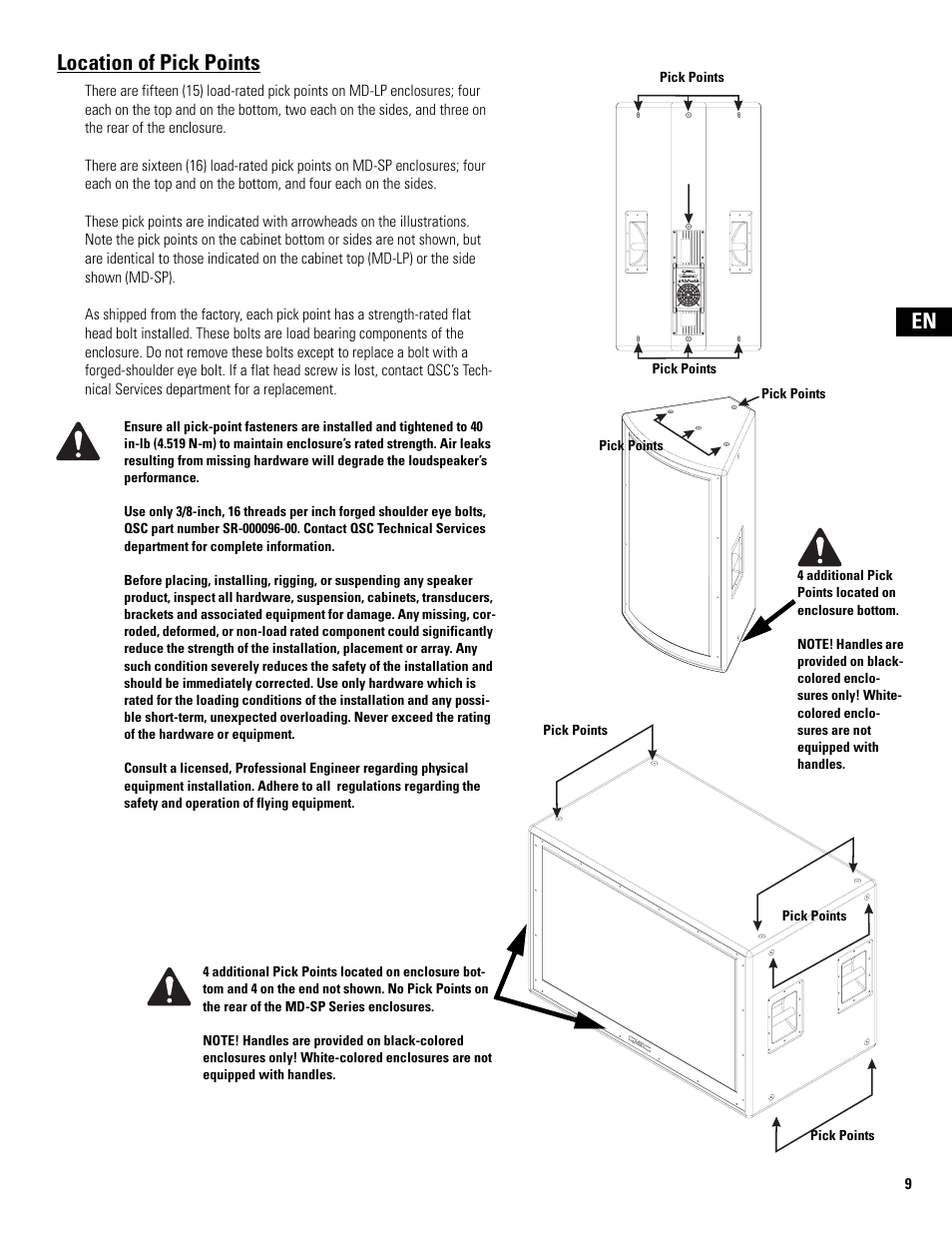 Pick points, En location of pick points | QSC Audio MD-LP118 User Manual | Page 9 / 56