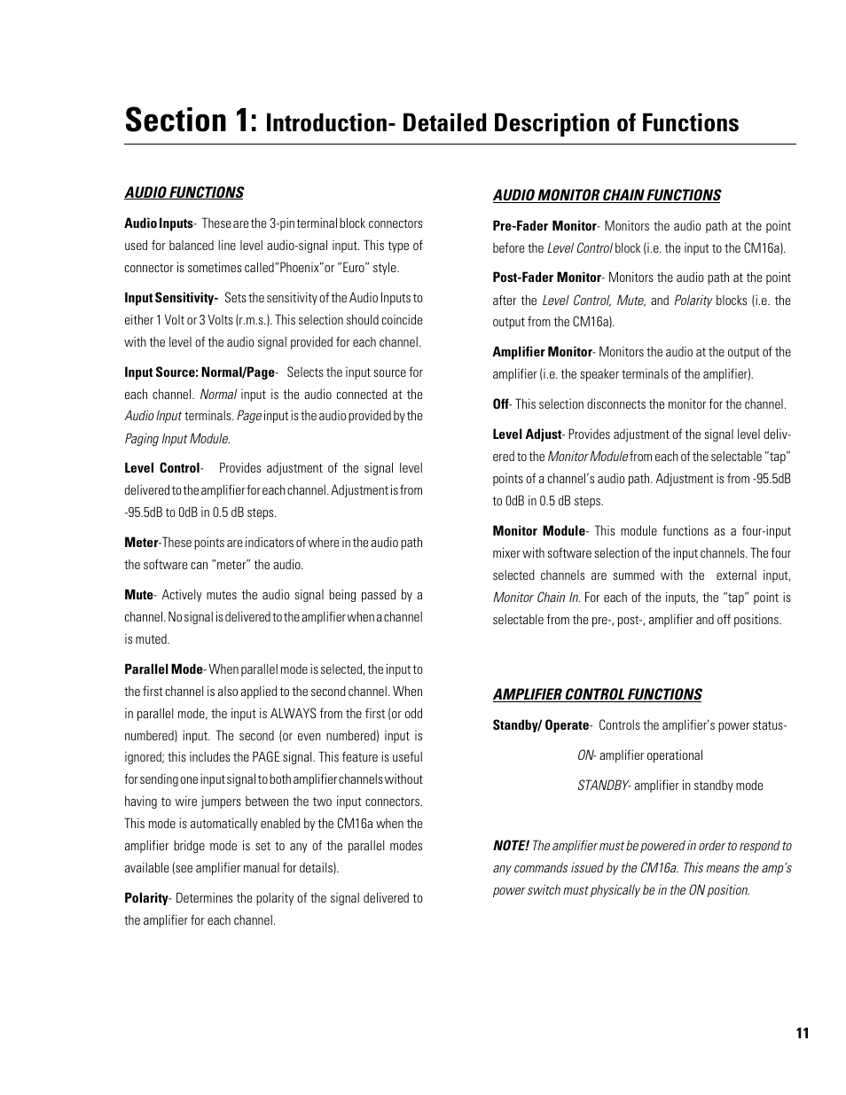 Introduction- detailed description of functions | QSC Audio Amplifier Network Monitor CM16a User Manual | Page 11 / 40