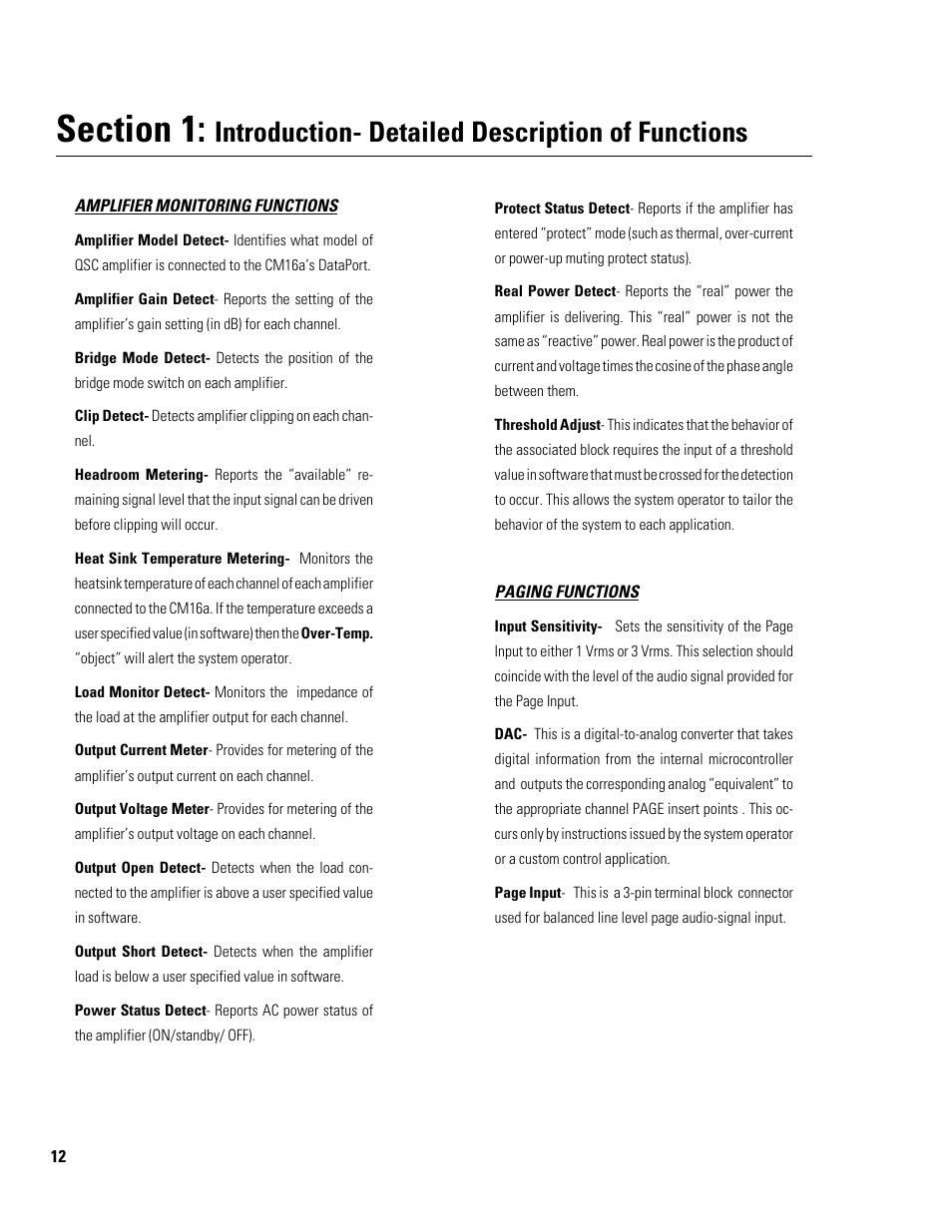 Introduction- detailed description of functions | QSC Audio Amplifier Network Monitor CM16a User Manual | Page 12 / 40