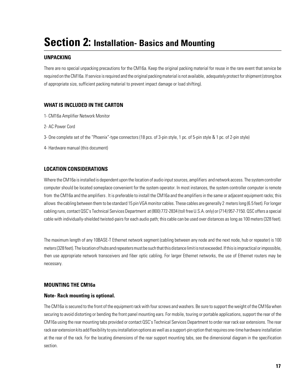 Installation- basics and mounting | QSC Audio Amplifier Network Monitor CM16a User Manual | Page 17 / 40