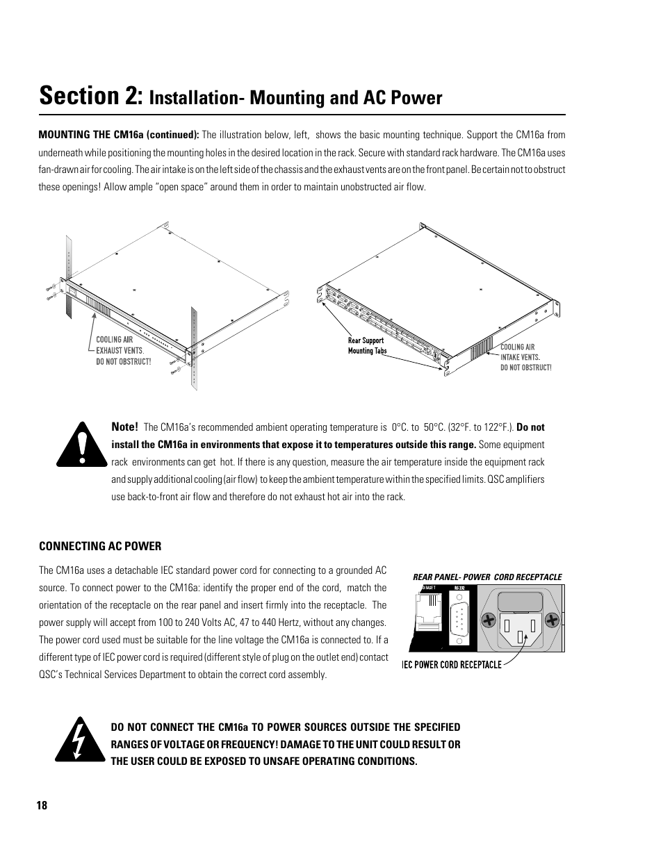 Installation- mounting and ac power | QSC Audio Amplifier Network Monitor CM16a User Manual | Page 18 / 40