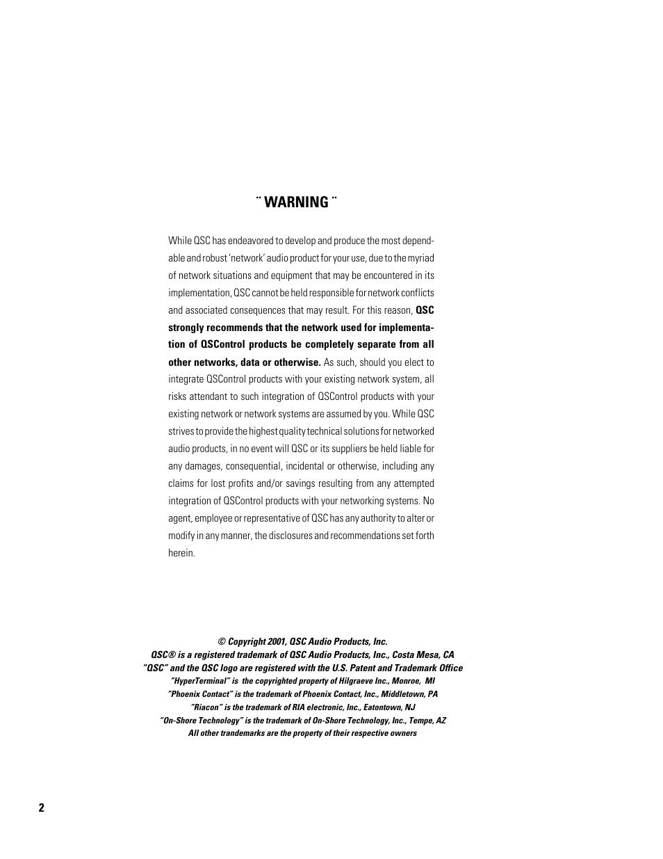 Warning | QSC Audio Amplifier Network Monitor CM16a User Manual | Page 2 / 40