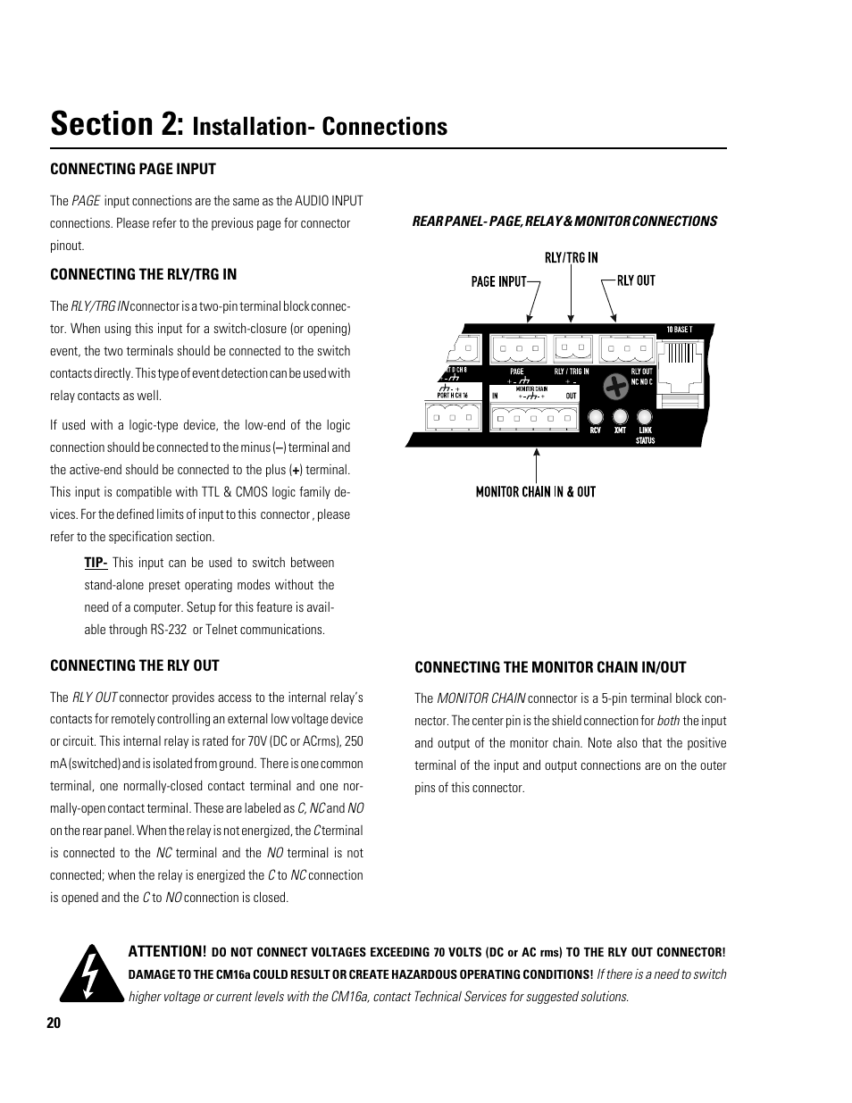 Installation- connections | QSC Audio Amplifier Network Monitor CM16a User Manual | Page 20 / 40