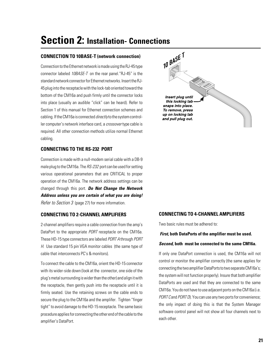 Installation- connections | QSC Audio Amplifier Network Monitor CM16a User Manual | Page 21 / 40
