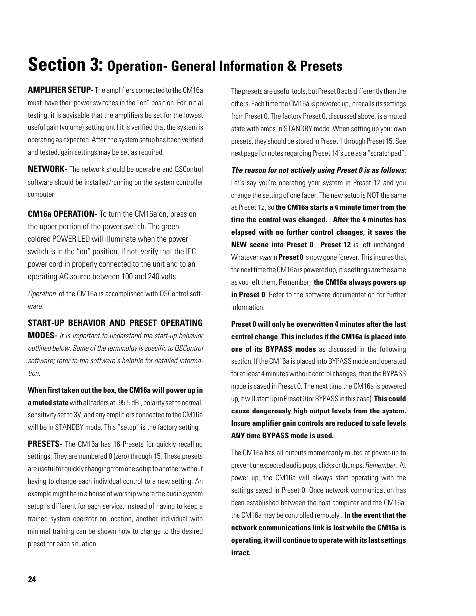 Operation- general information & presets | QSC Audio Amplifier Network Monitor CM16a User Manual | Page 24 / 40