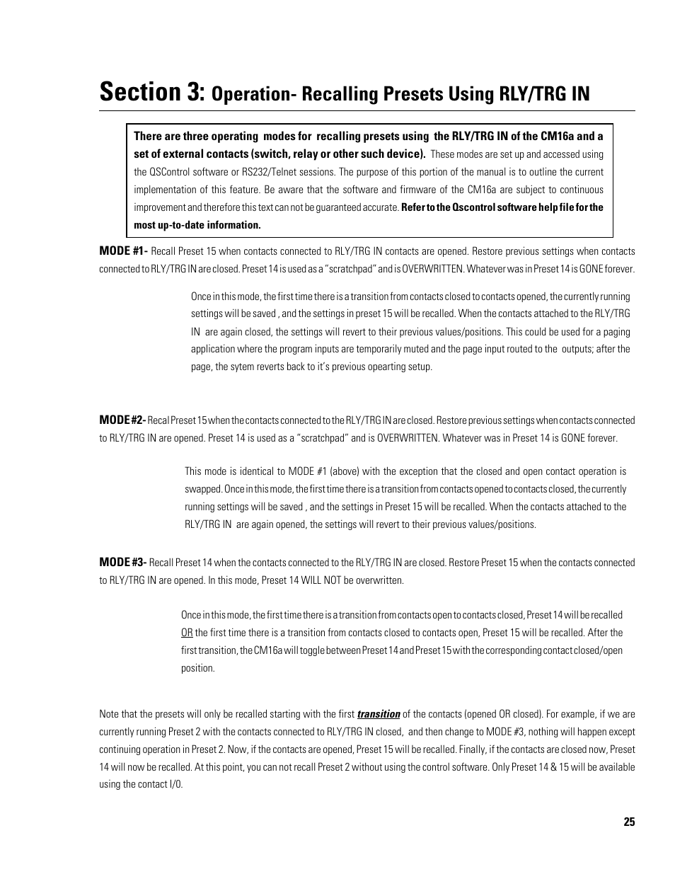 Operation- recalling presets using rly/trg in | QSC Audio Amplifier Network Monitor CM16a User Manual | Page 25 / 40