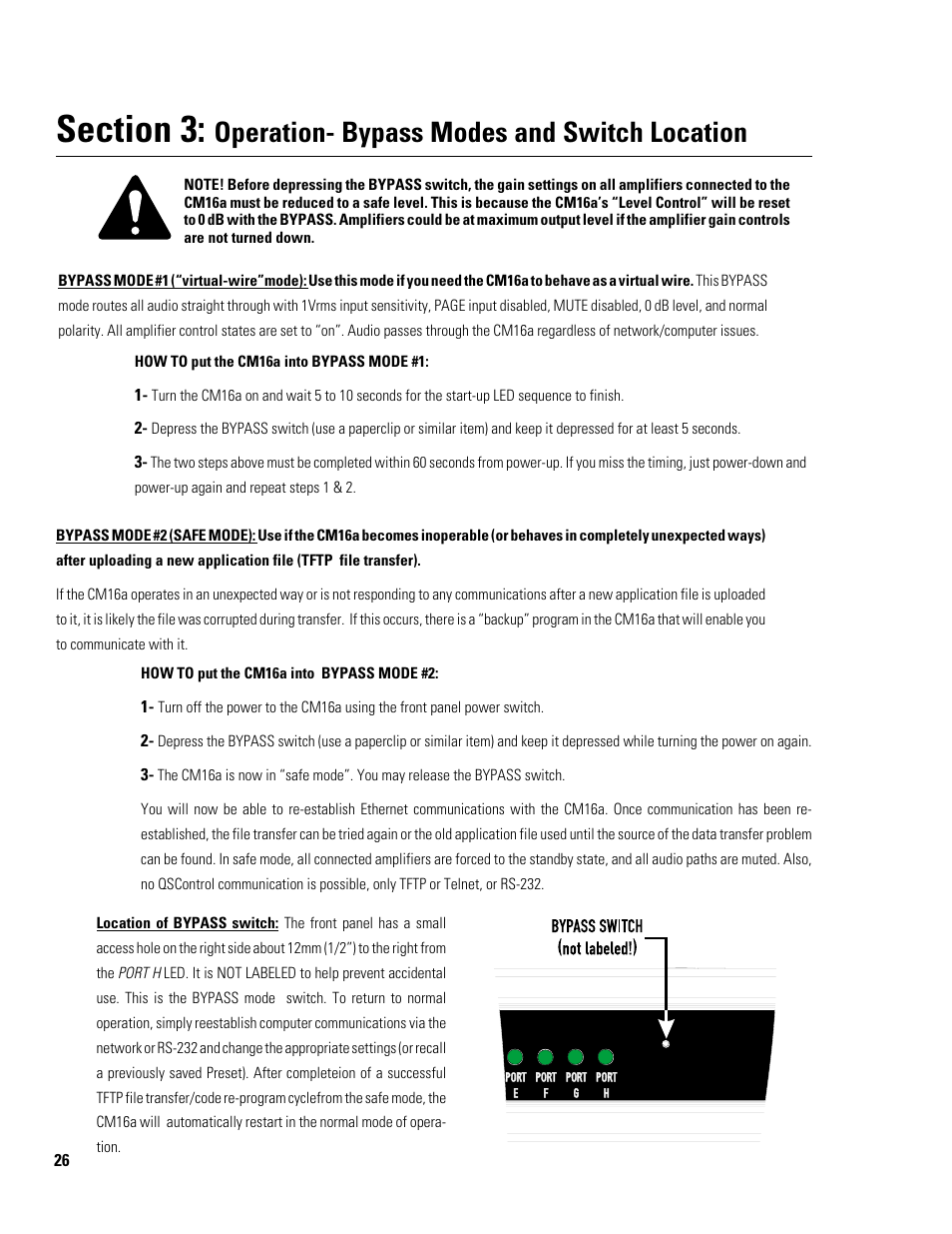 Operation- bypass modes and switch location | QSC Audio Amplifier Network Monitor CM16a User Manual | Page 26 / 40