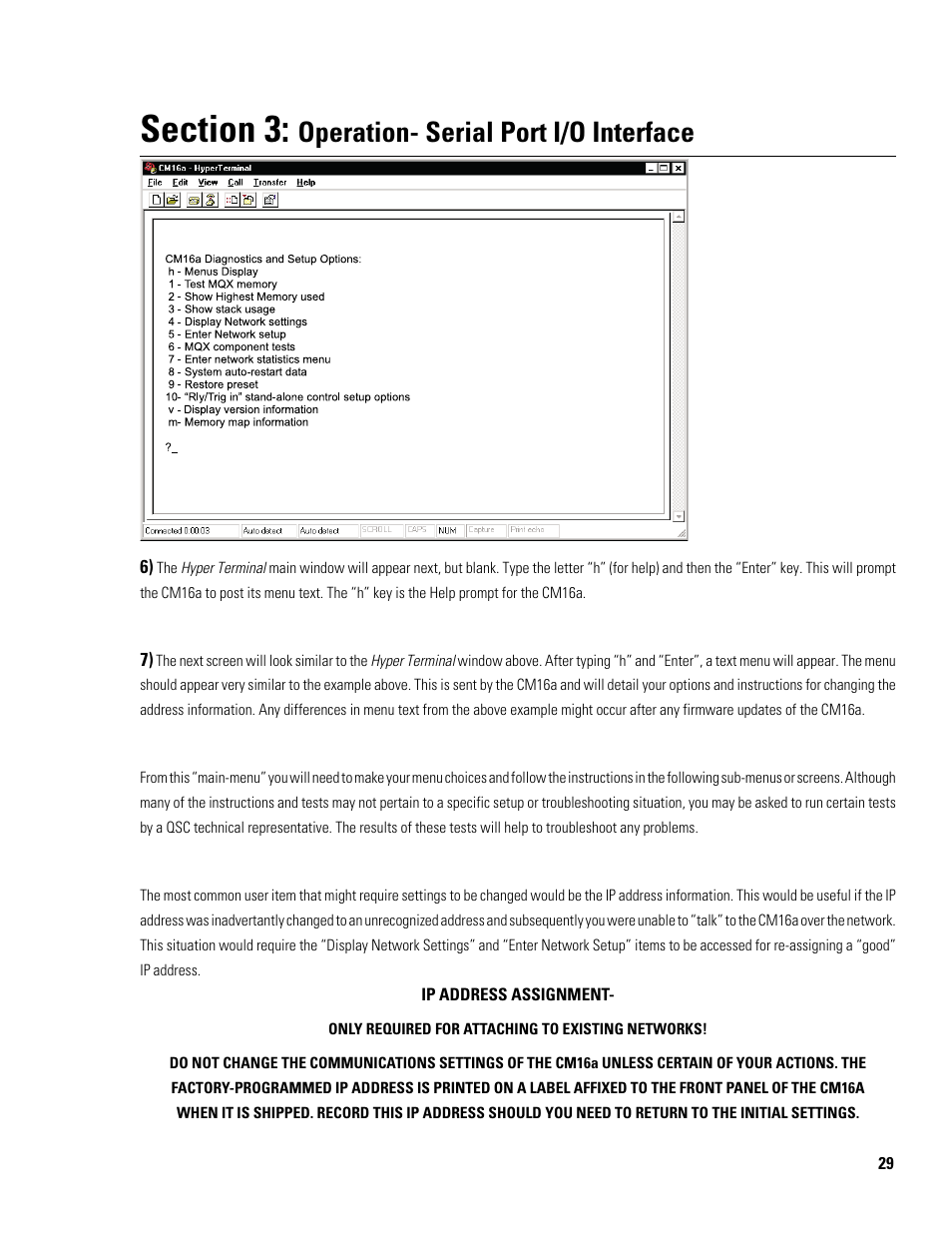 Operation- serial port i/o interface | QSC Audio Amplifier Network Monitor CM16a User Manual | Page 29 / 40