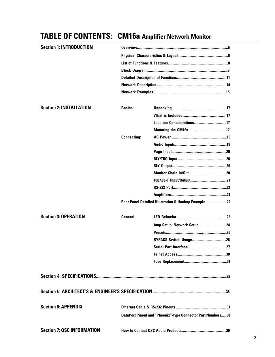 Table of contents: cm16a, Amplifier network monitor | QSC Audio Amplifier Network Monitor CM16a User Manual | Page 3 / 40