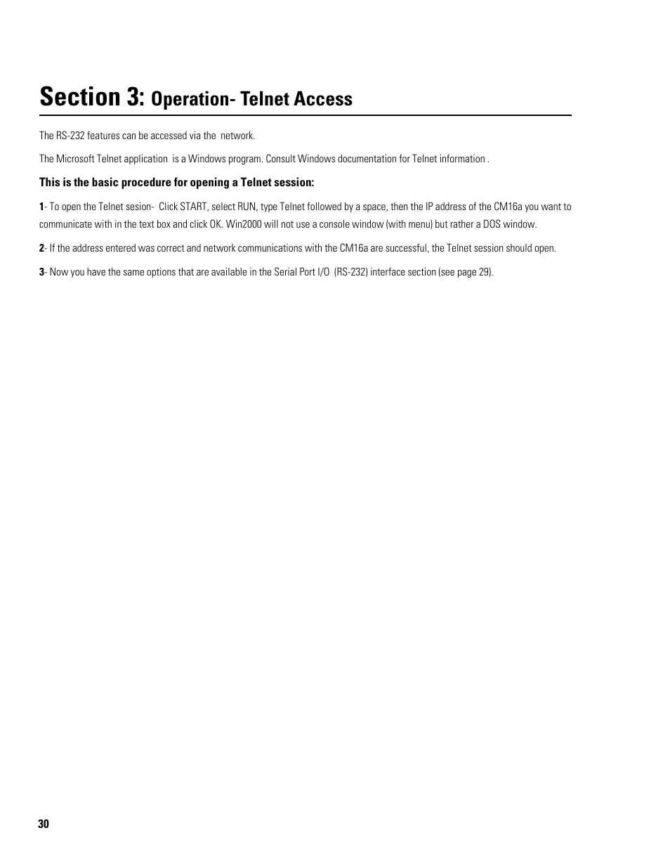 Operation- telnet access | QSC Audio Amplifier Network Monitor CM16a User Manual | Page 30 / 40
